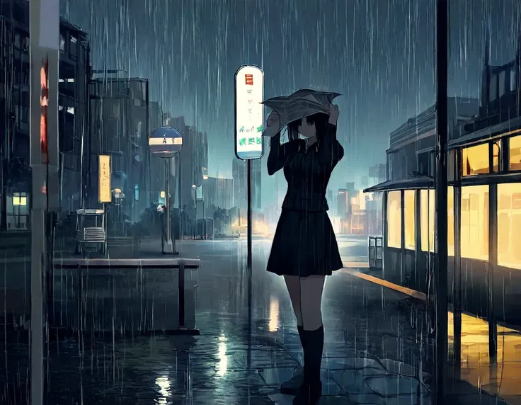 downpour, heavy rain, dark, a young woman standing in the rain, covering her head with a newspaper, waiting at a bus stop on the side of the road, city, night