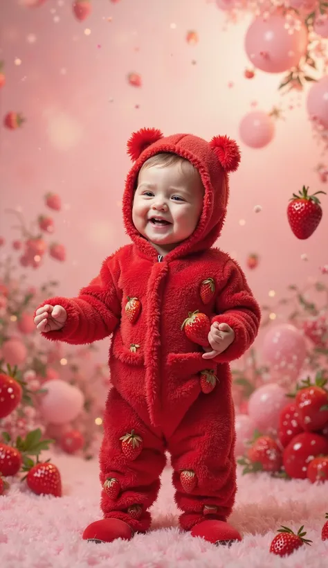 A joyful, standing baby, with their whole body appearing from head to toe, nearly pressed against the camera, dressed in a plush red jumpsuit with tiny strawberries, with a hood resembling a strawberry cap. The fantasy studio background is a strawberry dre...