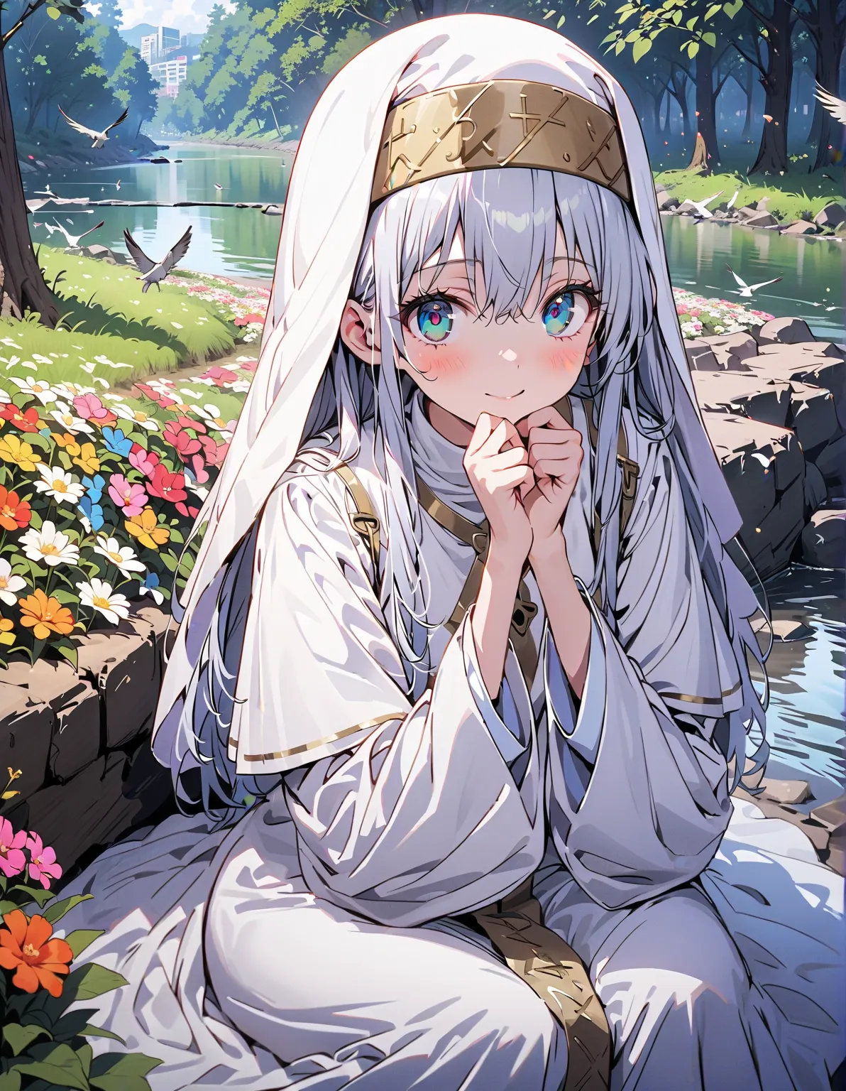 Prohibited bibliography, green eye,  Silver Hair,  long hair,smile,blush, close your mouth,break habit,  Long Sleeve,  nun, robe, white robe, wide sleeve,long skirt, Bbo~,sitting on a rock, birds are flying,river,Flower Field,whole bodyがイラストに入るように,        ...