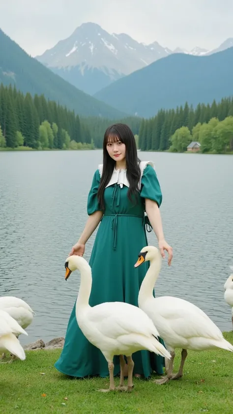 「Japanese girl in an emerald green dress、playing with swans on a lakeside in Europe。The surface of the lake is crystal clear、when a woman gently reaches out, swans snuggle up gracefully。」

