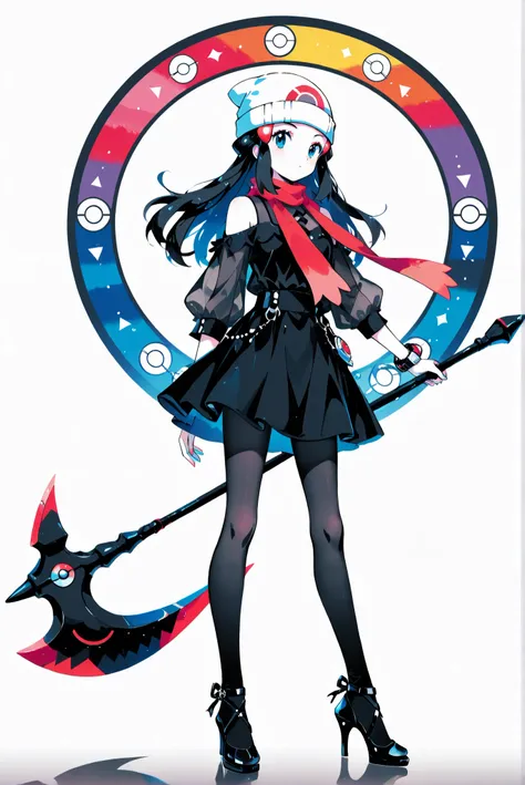 （weapon, battleaxe
, holding weapon,，white background， stands，whole body，heels， front view,Standing picture:1.7)，HoleHeels，oval/Circle/Thorn/Horn Heels，,limited color palette,Colorful, vivid colors ,black light ,watch, masterpiece, Very beautiful,pokemonda...