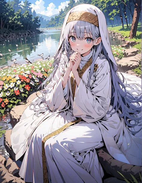 Prohibited bibliography, green eye,  Silver Hair,  long hair,smile,blush, close your mouth,break habit,  Long Sleeve,  nun, robe, white robe, wide sleeve,long skirt, Bbo~,sitting on a rock, birds are flying,river,Flower Field,whole bodyがイラストに入るように,        ...