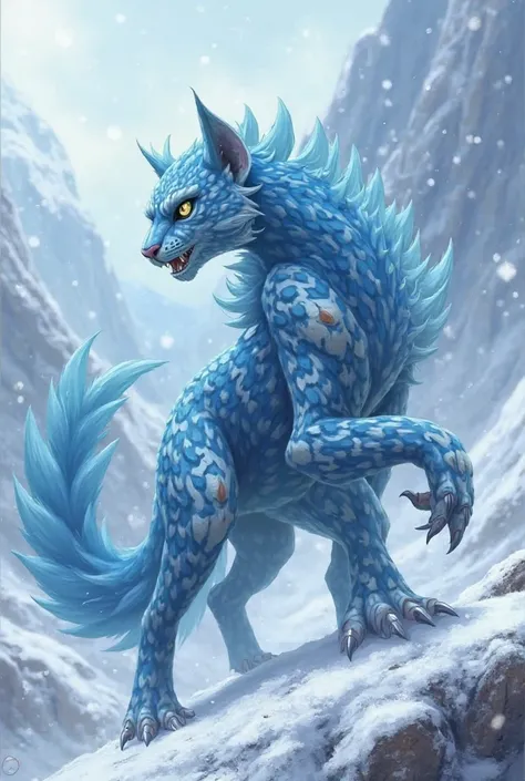 Blue Pokemon with the characteristics of a mantis and snow leopard 