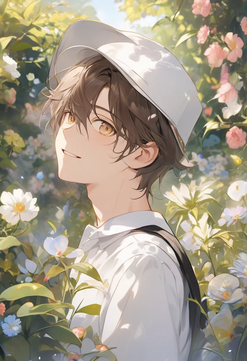 Masterpiece, dementia, excellent quality, 16-year-old male  , chocolate brown hair  ,  gold-colored eyes, white skin ,  Attractive face,  cheerful look   , school uniform  , In a flower garden  , by day .