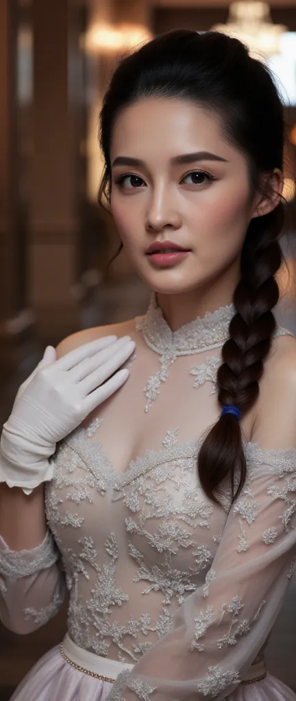 best quality, masterpiece, (photorealistic:1.4), 1girl (extremely beautiful), cowboy shot, luxury elegant bare shoulder  dress, dramatic lighting, hair over shoulders, white gloves, v arms, luxury hall background, night, japanese face, braid hair, big brea...