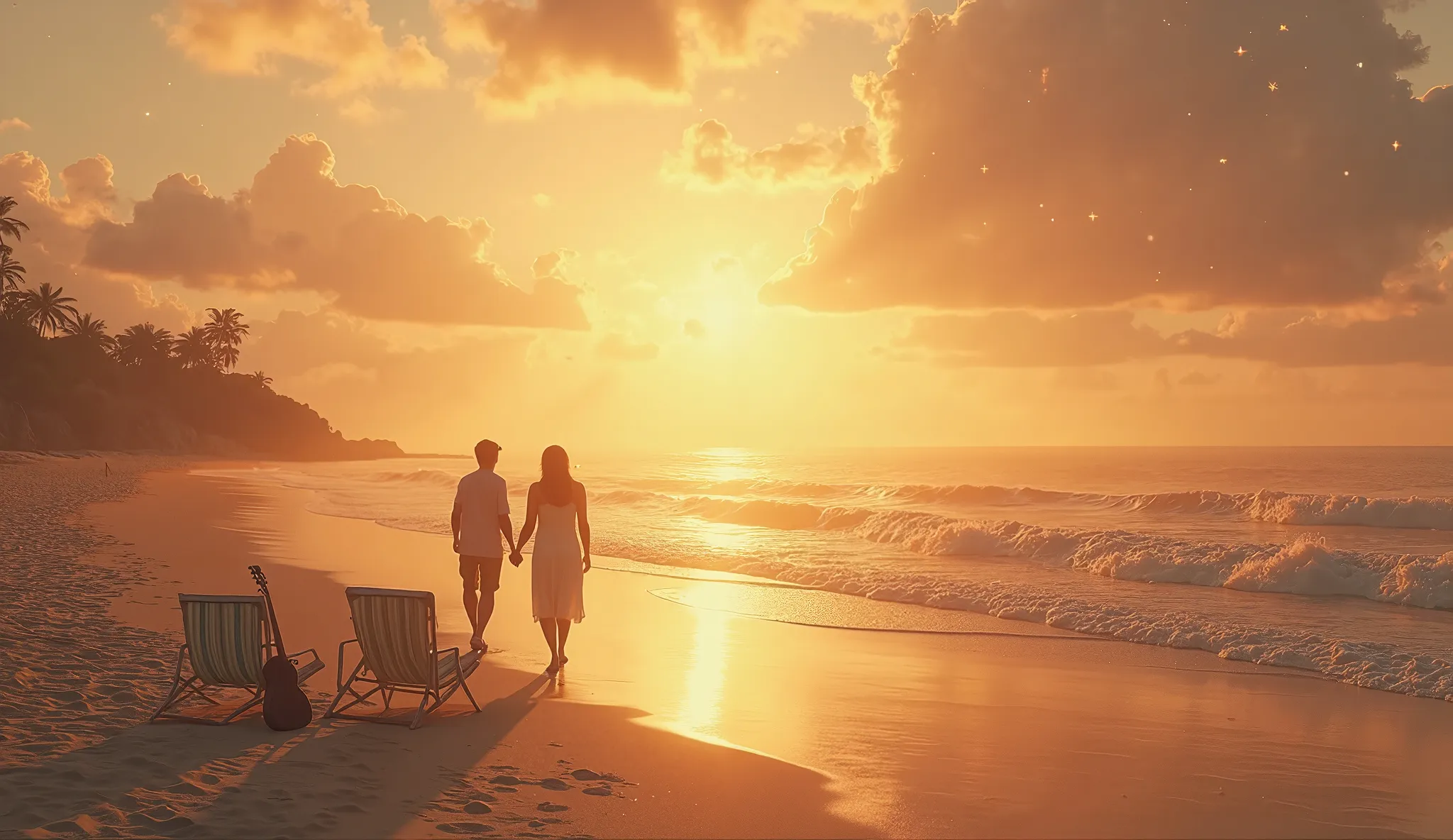 Create an ultra-high-definition, romantic and slightly melancholic image as a background for a song. The scene depicts a tranquil seaside during sunrise, with golden sunlight streaming through soft clouds. Gentle waves caress the shoreline, symbolizing the...