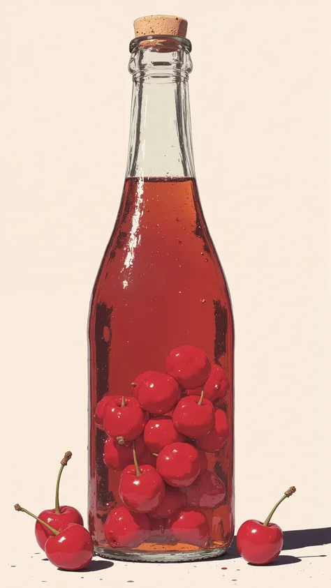 Animation of a bottle with cherries and cola, Kun Kun,  animated style illustration style , Kim Jeong Hee, simple and clean art by Micah Klein ,  Art of  style,  Concept Illustration , Knox Martin, by Micah Klein, by Kim Dok-shin, # Art of ,  4k HD illustr...