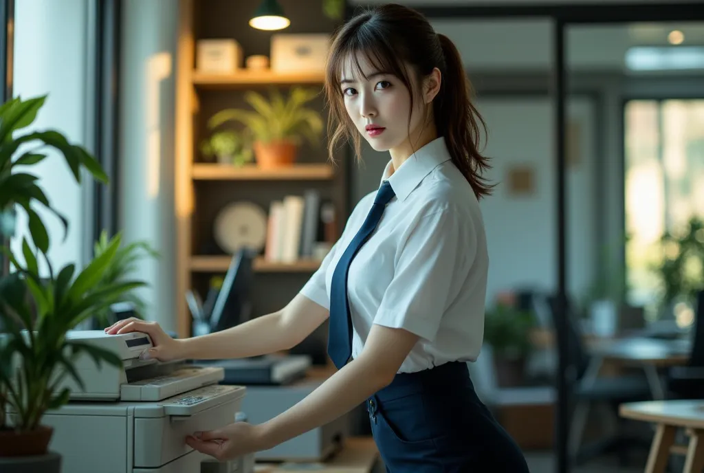 Sexy beautiful Japanese woman, a self defense officer uniform, wearing a white short-sleeved shirts, navy blue tie, navy blue pencil skirt, Black patent high heels, beautiful hip-line, Beautiful thighs, a woman is operating the copier, a woman is leaning f...