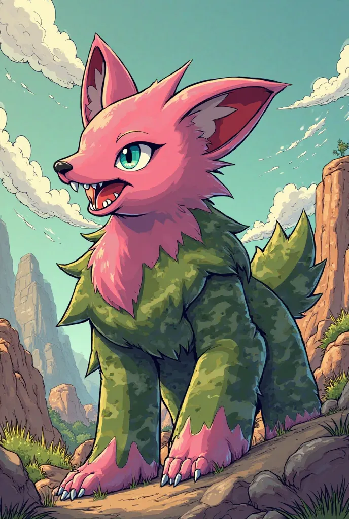 Comic: Pokemon with the characteristics of a pink jackal and camo green Kodiak bear 