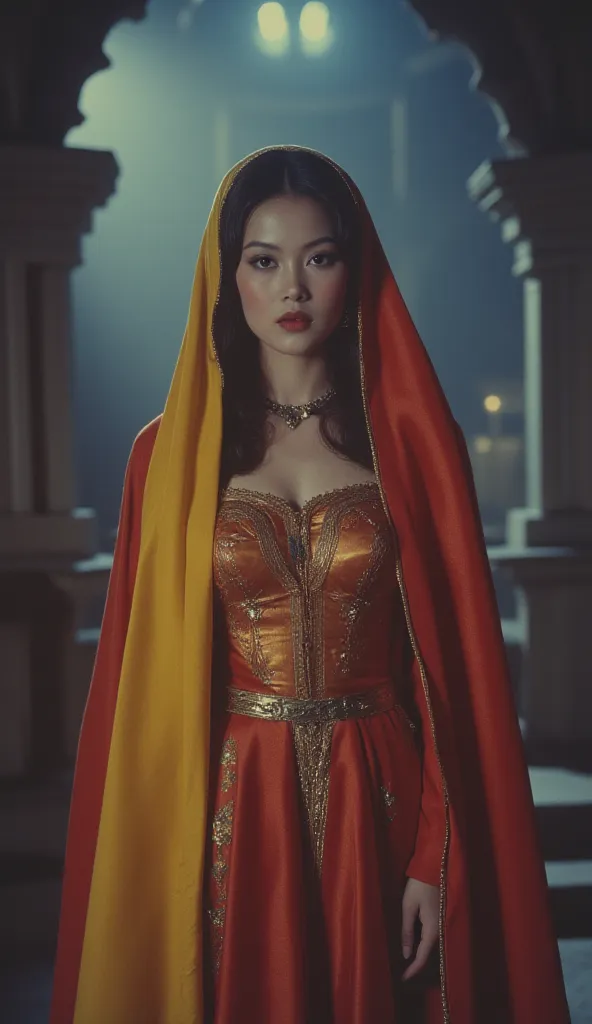 A Malay Princess * * Mayang Sari (modest attire with red and yellow silk scarf) - Her gown shimmers with subtle hints of each color, eyes holding the knowledge of the unseen world. 70s film still., misty palace background at night