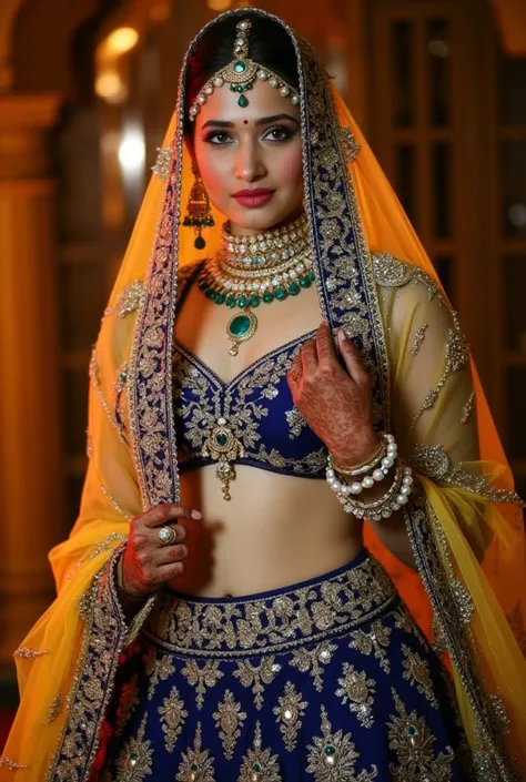 (masterpiece, best quality:1.2), She wears a deep royal blue lehenga, the gold zari work catching the firelight as she walks. Her sheer gold veil barely covers her sculpted waistline, leaving her perfect navel and toned stomach on full display. A grand mul...