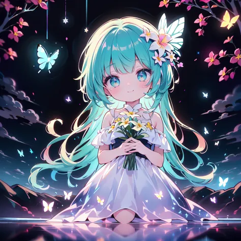 masterpiece, best quality, high quality, detailed, ultra detailed, hyper detailed, insanely detailed, exquisite, beautiful, Full-HD, 16K, highres, absurdres, on left, anime girl, smiling, dark green hair, cute, plumeria, many chrysanthemums, fractal art, p...