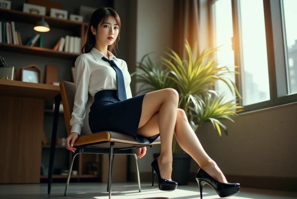 ((Sexy beautiful Japanese woman, wearing a white short-sleeved shirts, navy blue tie, navy blue pencil skirt, Black patent high heels, epaulette):1.5), beautiful hip-line, Beautiful thighs, a woman is operating the copier, a woman is leaning forward and st...