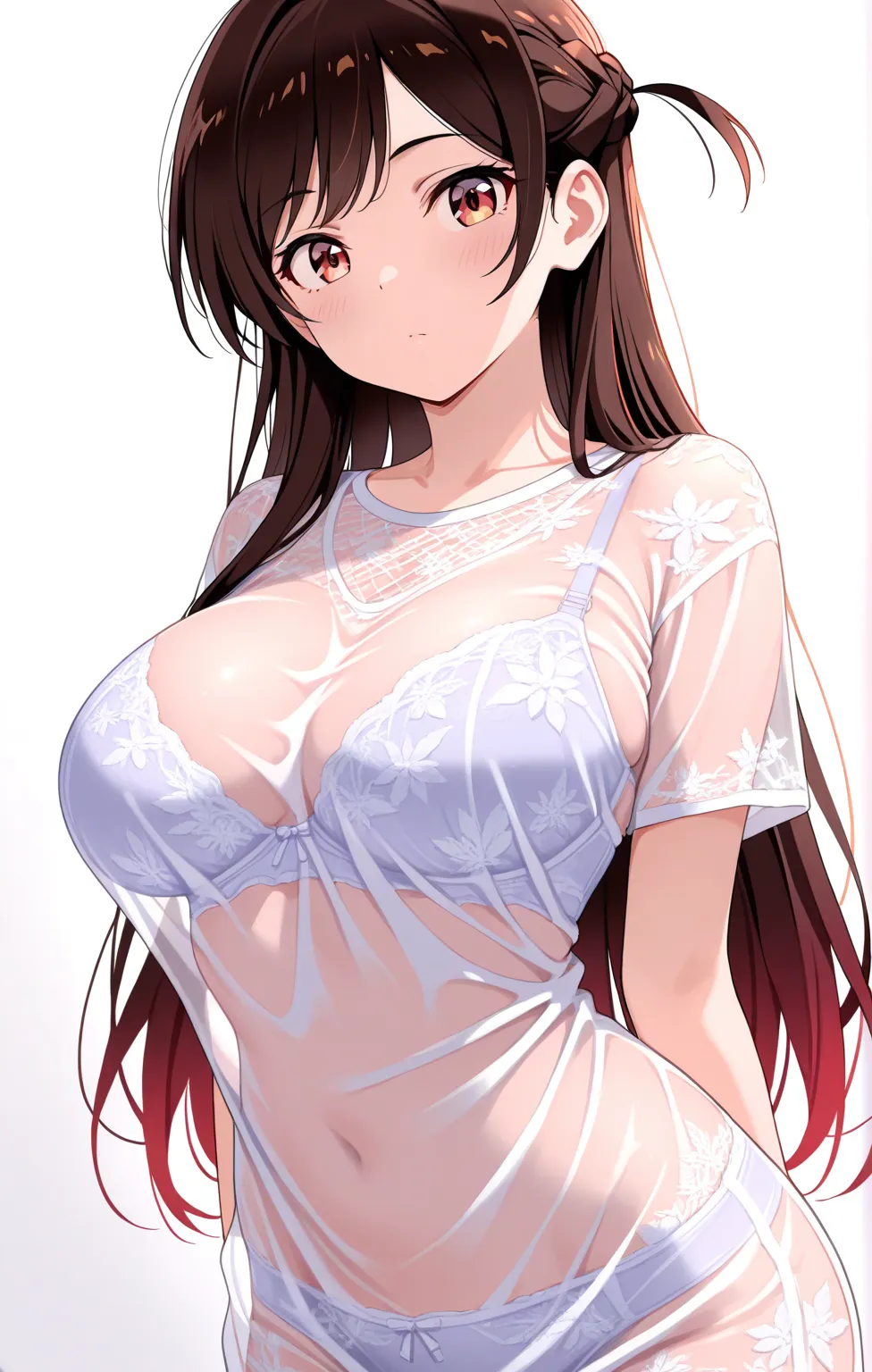 1girl, solo,mizuhara chizuru, short short, bra, large breast,silk clothes, silk clothing, see-through,white background,,masterpiece, best quality, amazing quality, very aesthetic, absurdres ,optimal quality,ultra detail,high quality