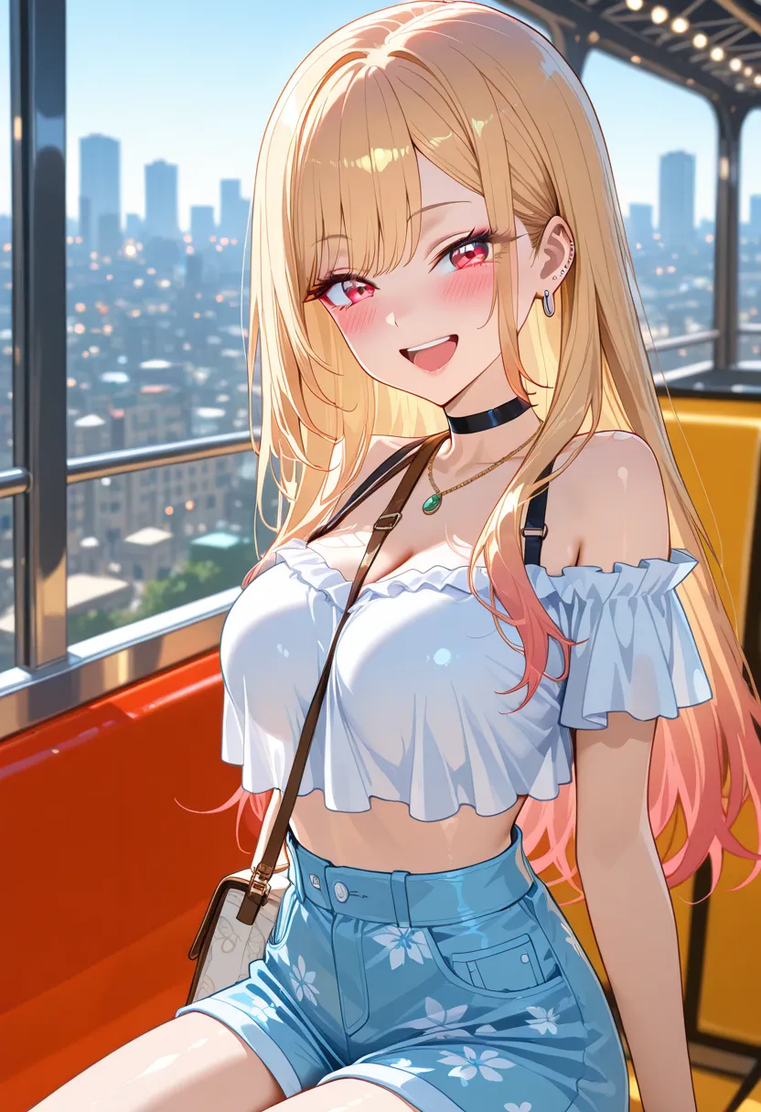 Marin Kitagawa, long hair, blonde hair, light pink ombre hair, red eyes, big eyes, playful summer outfit, fitted cropped top, high-waisted shorts, small crossbody bag, sitting inside a Ferris wheel gondola, looking out over the city, laughing with flushed ...