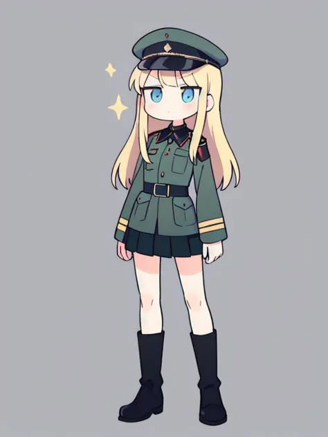 ((True best masterpiece, Ultimately perfect quality, Extremely delicate details)), A skinny soldier girl, Blonde, Blue eyes, Putting on a military suit, Green jacket, Green military cap, Black skirt, Dress shirt with black tie, Black boots, Uniform during ...