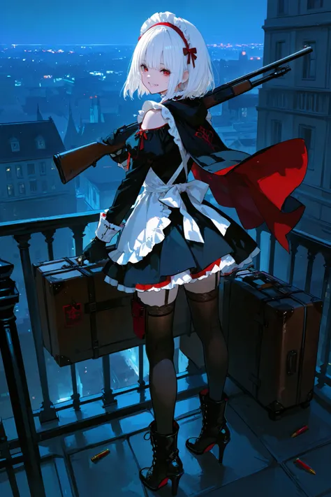 1girl, lolita, gun, the roof of a building, Just looking back, shotgun, weapon, red_eyes, solo, thighhighs, gloves, smile, holding, white_hair, teeth, bullet, holding_gun, holding_weapon, grin, black_thighhighs, rifle, medium_hair, bangs, black_gloves, cap...