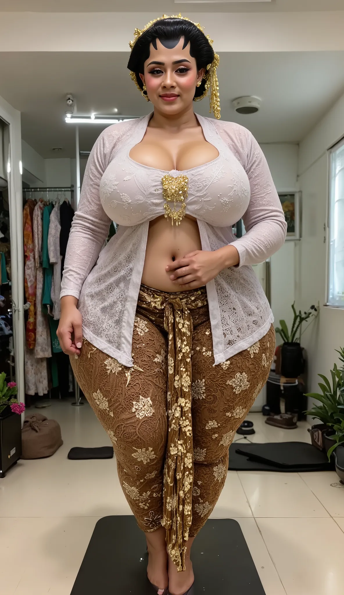 I am a 56 year old pregnant javanese woman, wide hips, wearing a kebaya and high heels. Being hugged from behind by my 20 year old husband, he is holding my hips.Anatomically Correct, Textured Skin, realistic skin, Super Detailed, High Quality, High Detail...