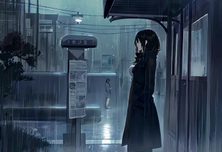 downpour, heavy rain, dark, a young woman standing in the rain, wearing a heavy coat, covering her head with a newspaper, waiting at a bus stop on the side of the road, she just missed the bus, American bus stop, city, night, moody, atmospheric,