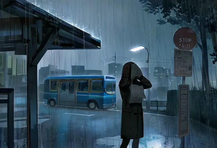 downpour, heavy rain, dark, a young woman standing in the rain, wearing a heavy coat, covering her head with a newspaper, waiting at a bus stop on the side of the road, she just missed the bus, American bus stop, city, night, moody, atmospheric,