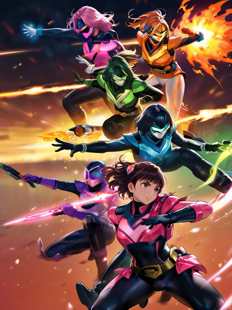 A brave and daring image of the six-woman Ranger team, Each is decorated with the following vibrant colors::Fire engine red, neon pink, Sunset Orange, plasma violet, Fluorescent Green, shocking yellow. A dynamic pose with a background that oozes energy and...