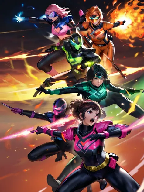 A brave and daring image of the six-woman Ranger team, Each is decorated with the following vibrant colors::Fire engine red, neon pink, Sunset Orange, plasma violet, Fluorescent Green, shocking yellow. A dynamic pose with a background that oozes energy and...