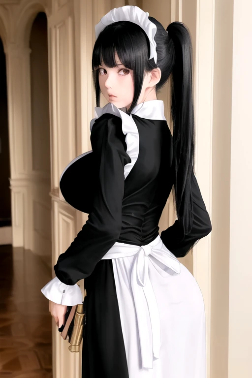 anime girl, Masterpiece, Top Quality, High Resolution, Photorealistic, High Resolution, Raw Photo, (A maid standing in the hallway of a luxurious mansion), ((1 girl, young woman hiding in the corner of the hallway, detailed face and eyes, beautiful face, p...