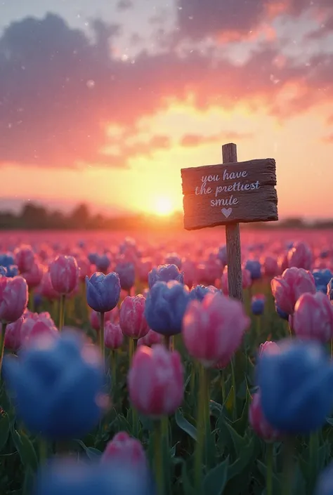 Draw a field of blue and pink tulips, with a sunset. In the field put a sign that says verbatim "you have the prettiest smile".