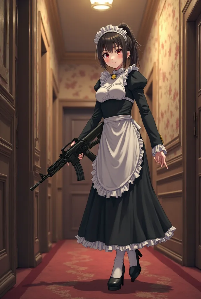 anime girl, Masterpiece, Top Quality, High Resolution, Photorealistic, High Resolution, Raw Photo, (A maid standing in the hallway of a luxurious mansion), ((1 girl, young woman hiding in the corner of the hallway, detailed face and eyes, beautiful face, p...