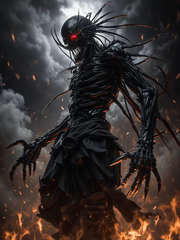 Floating body, twisted bones, skull with fangs, smoke and fire all over my body,.bright and red eyes, spectral background ,  Fire effect , black smoke effect,  outfit, good quality, Dark art 