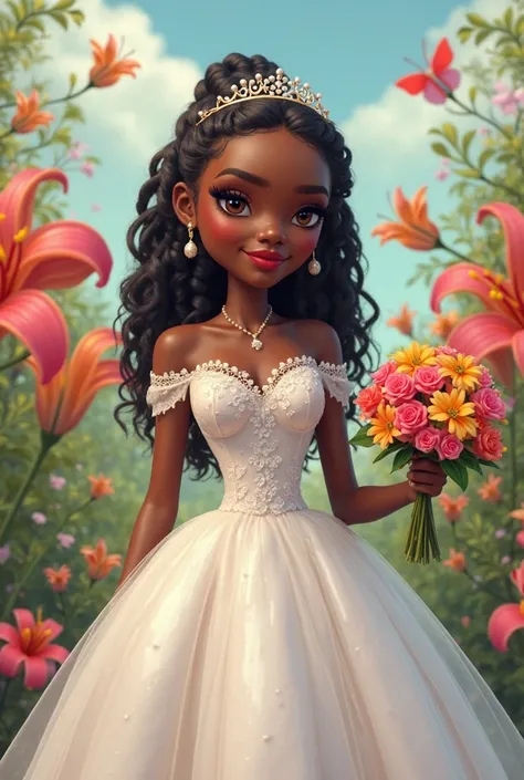 funko pop 3D illustration of a black woman thin waist,
With large, loose black braids with a thin tiara.  white princess-style dress With a voluminous skirt and a marked waist, this model provides a romantic and feminine look.
The bodice fitted to the body...