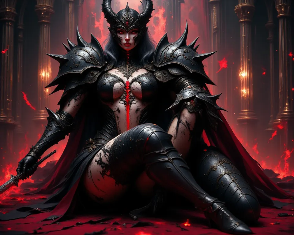 - "Russian" Adult Woman, Beautiful, tall, long legs, Long Devil Horns on her head in Red, Long Blackish White Hair. 
Body full of tribal tattoos that are clearly visible. 

- Wearing a costume ("Full Sexy Armor"), a costume that embodies the "Devil" Form, ...