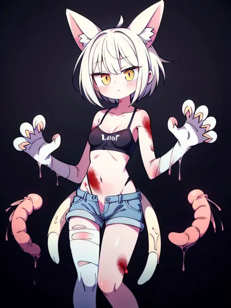 ((Best masterpiece, Perfect quality, Ultra detailed)), ((Grotesque, Parasitism, Mutation)), A skinny girl with small breasts, ((With many wounds, Bloody laceration, Large cysts, Ugly tumors, Fleshy organs, Claws)), With light gray hair, With injured body, ...