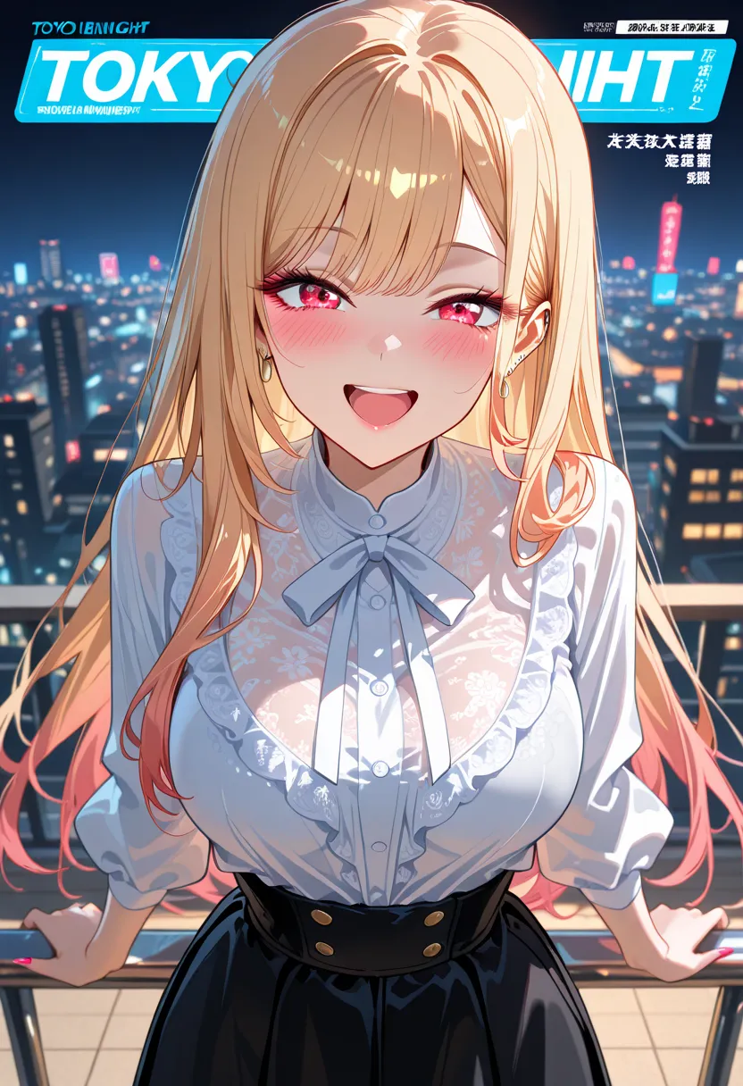 Marin Kitagawa, long hair, blonde hair, light pink ombre hair, red eyes, big eyes, stylish summer evening look, sheer long sleeve blouse, fitted high-waisted skirt, delicate gold jewelry, standing on a rooftop observation deck, hands resting on the railing...