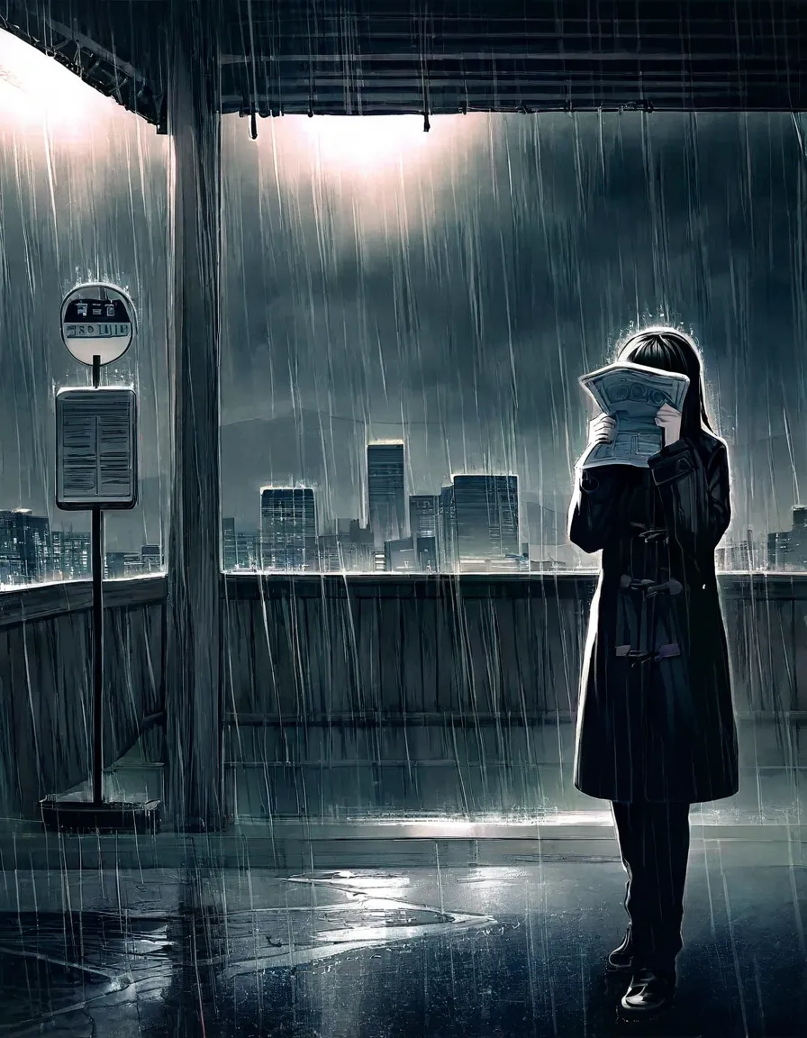 downpour, heavy rain, dark, a young woman standing in the rain, wearing a heavy coat, covering her head with a newspaper, waiting at a bus stop on the side of the road, city, night, moody, atmospheric,