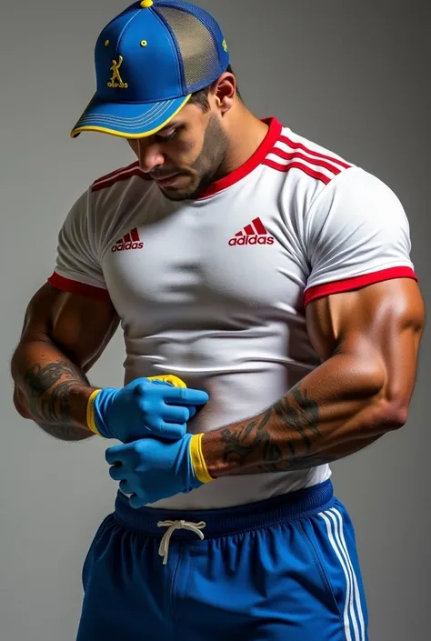 Muscular afro-latino man, He wear white and red Adidas soccer t-shirt. He has a blue and yellow cap and blue sneakers . He has blue and white Adidas long pants . He wears blue Adidas gloves. Very muscular, well defined muscles with thick veins, sweaty skin...