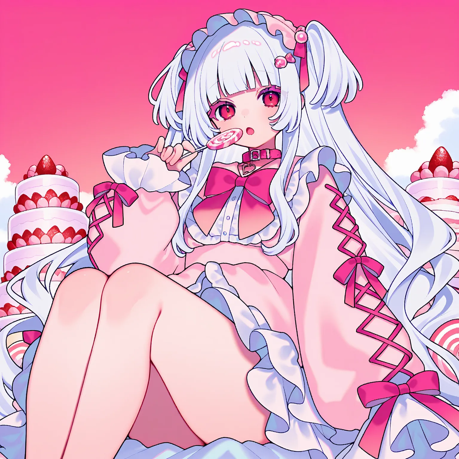 (Tsubaki Tsubaru:1.0),(Yumenouchi :0.1),( Kamikura Eku :0.1), 1girl , colorful, sweets, sweets, cake, candy, Alone, long hair, lolita, pink lolita , pink collar, red eyes, hair ornament, holding candy, two sideup, melty, long sleeves, long top sleeves past...