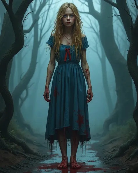 A cinematic reality-style full-body illustration of a young woman standing in a terrifying midnight forest. Her long, golden hair is disheveled, tangled, and stiff with dried mud and blood, clumping together in matted strands. A frayed red ribbon, now stai...