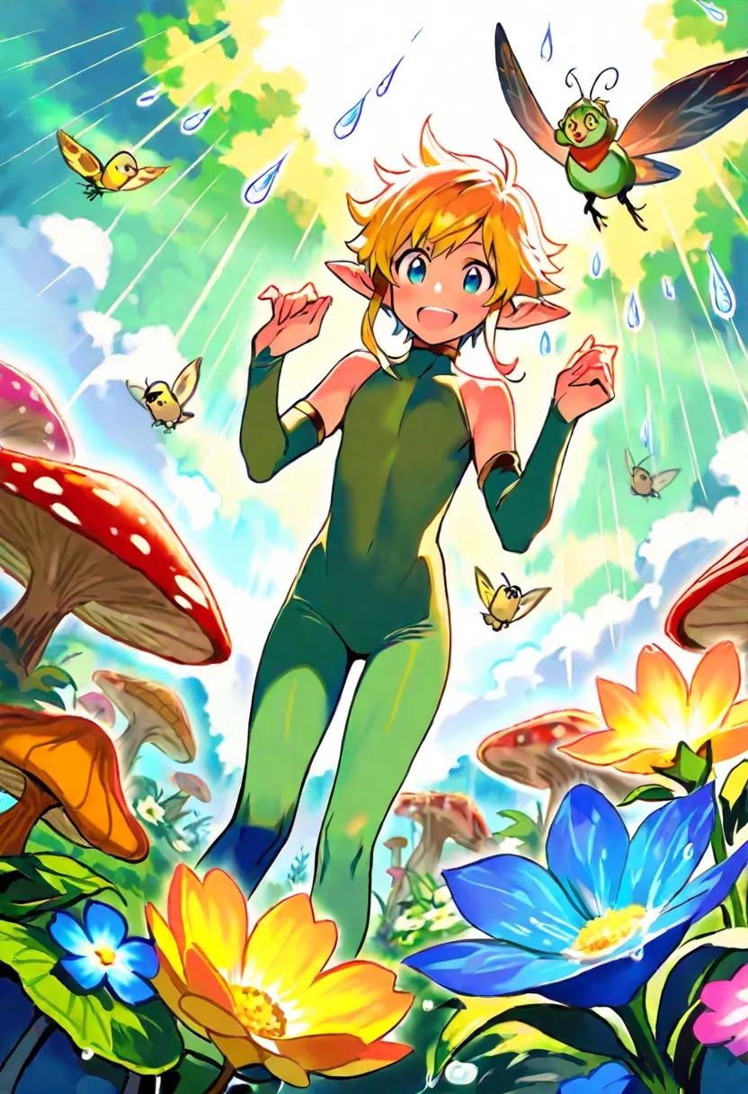 ((A cheerful micro elf dances on a beautiful flower in the rain)). Arms and legs in different directions. Large transparent raindrops. The sun's rays are breaking through the clouds. Fog. Fabulous plants, flowers and mushrooms. Insects the size of microelv...