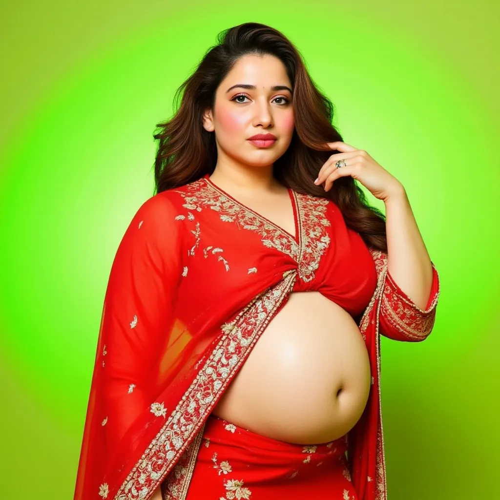 A beautiful fat pregnant bride with standing straight with innocent sad facial expression and looking front, mischievous expression, gently holding her visible baby bump. She is draped in an elegant red and gold embroidered saree, with the pallu gracefully...