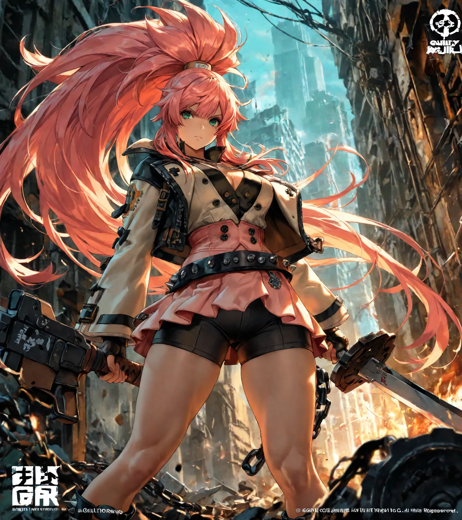 4K, Game's Magazine Cover, Guilty Gear strive Style, 1 girl, chains around her, extreme large Long Messy hair (With topknot), rose Pink colored hair, big bosom, buxom, jacket (with impressive details), shirt, spiked belt (large),  skirt, undershorts, spike...