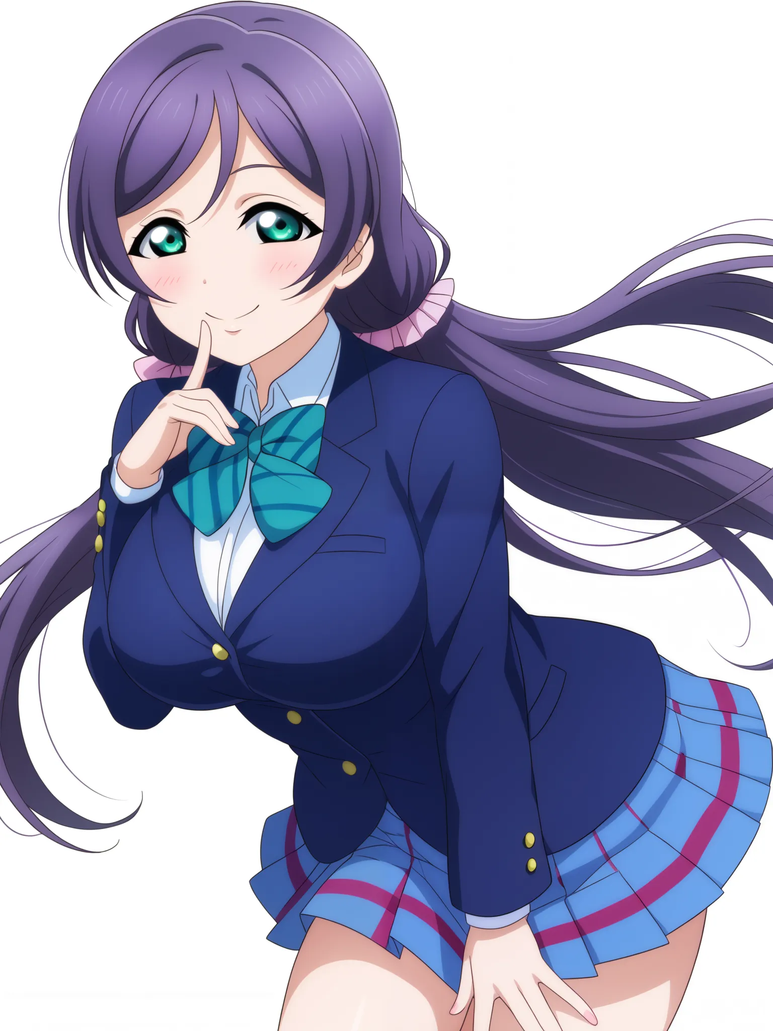 {{{love live! school idol project}}}, {{{love live!}}}, {{{toujou nozomi}}}, purple hair, green eyes, large breasts,huge breasts {otonokizaka_school_uniform},blue blazer,striped bowtie,plaid shirt,pleated shirt,blue skirt, zettai ryouiki,
{{{white backgrou...