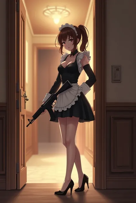 anime girl, Masterpiece, Top Quality, High Resolution, Photorealistic, High Resolution, Raw Photo, (A maid standing in the hallway of a luxurious mansion), ((1 girl, young woman hiding in the corner of the hallway, detailed face and eyes, beautiful face, p...