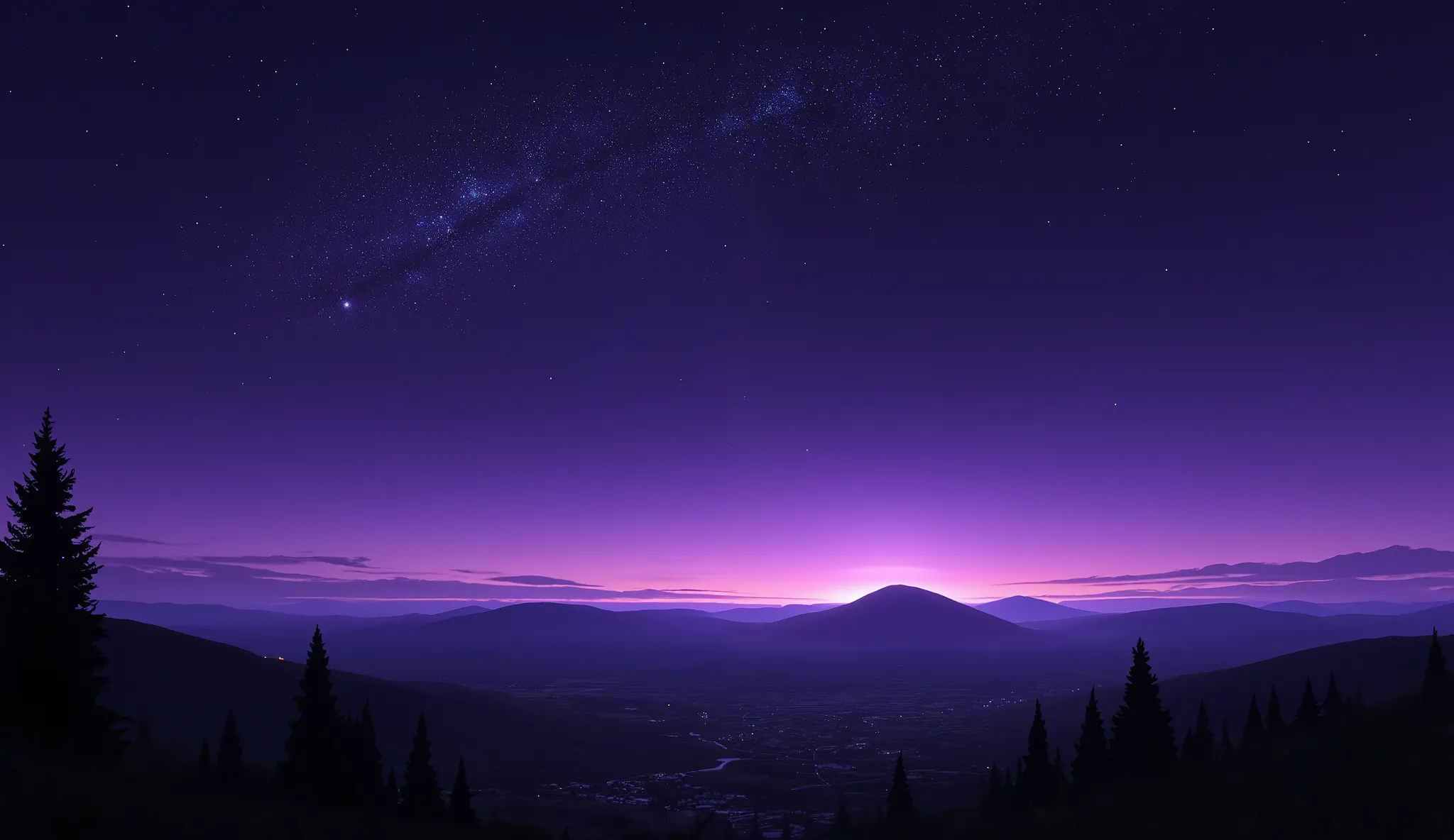  Landscape、night、 beautiful starry sky、 View from Hill 、Overlooking the night view、 dramatic、A color tone that also uses purple