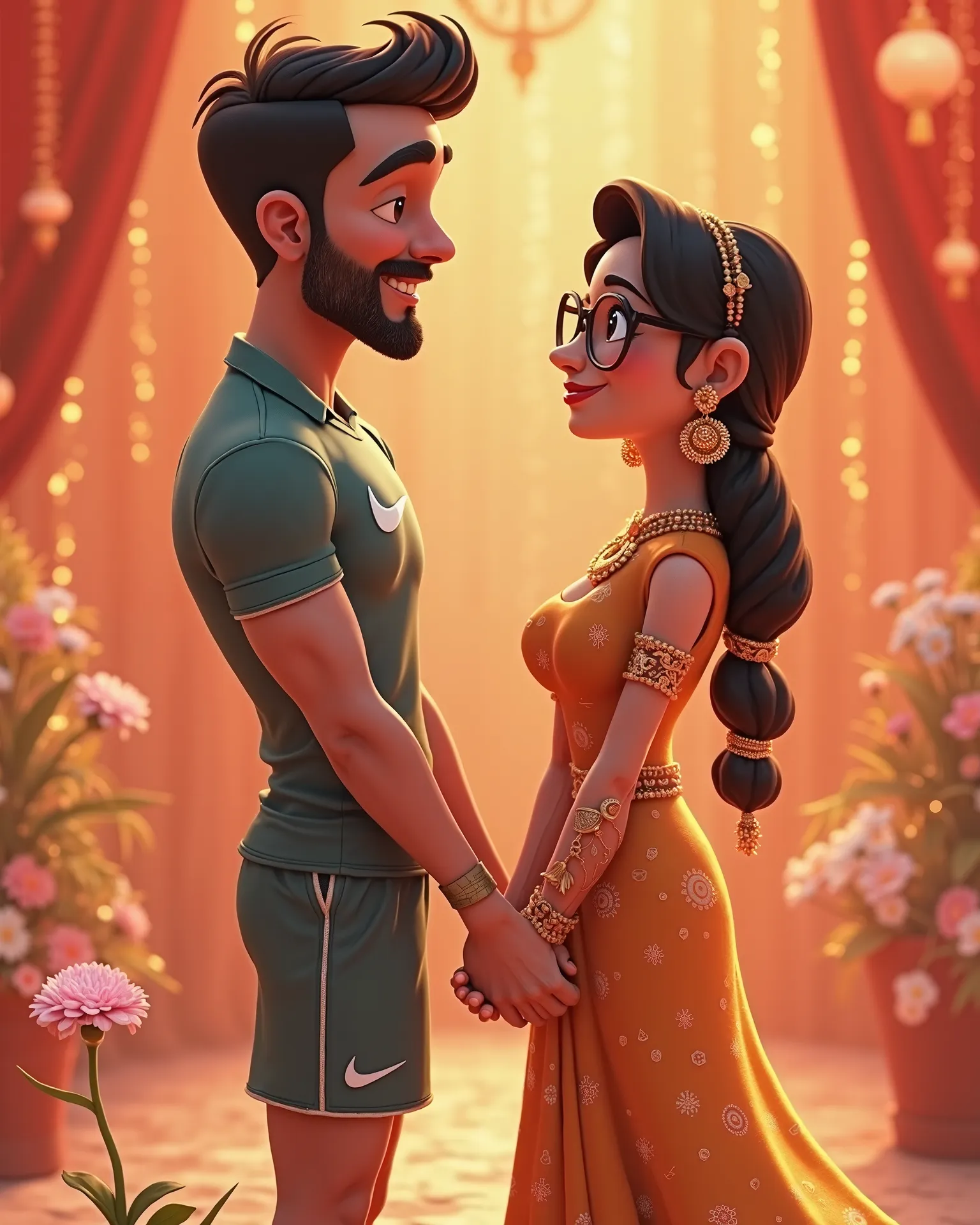 Create a 3D animated image in the style of Pixar, depicting a wedding scene with an Indian wedding background. The groom is athletic with a chiseled physique, a beard, and trimmed hair, dressed in badminton attire with all Nike swoosh branding every wr , a...