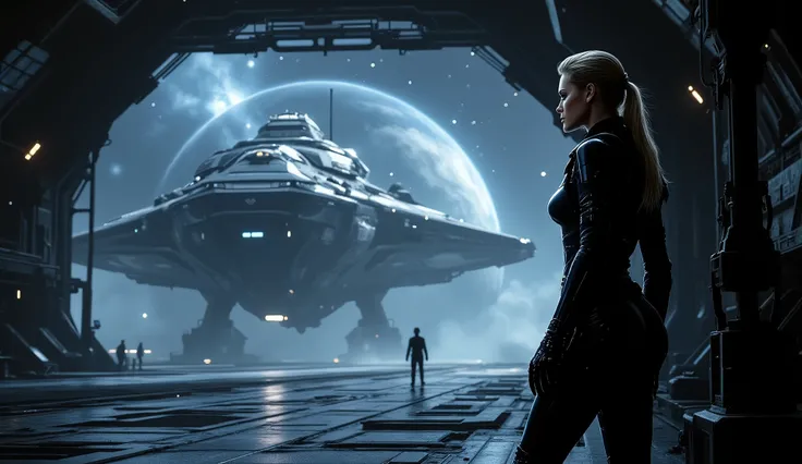 Spaceport hangar, a beautiful bounty hunter in sleek armor, leaning against her starship, looking out at a massive intergalactic fleet assembling, background of stars and distant planets, medium shot with a sense of scale, mysterious vibe --ar 16:9