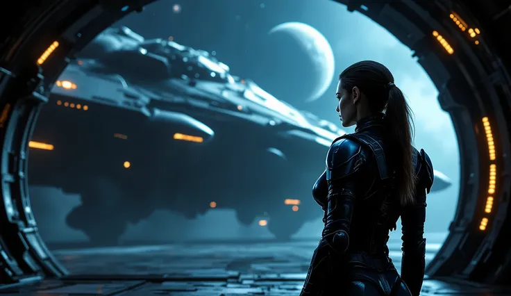 Spaceport hangar, a beautiful bounty hunter in sleek armor, leaning against her starship, looking out at a massive intergalactic fleet assembling, background of stars and distant planets, medium shot with a sense of scale, mysterious vibe --ar 16:9