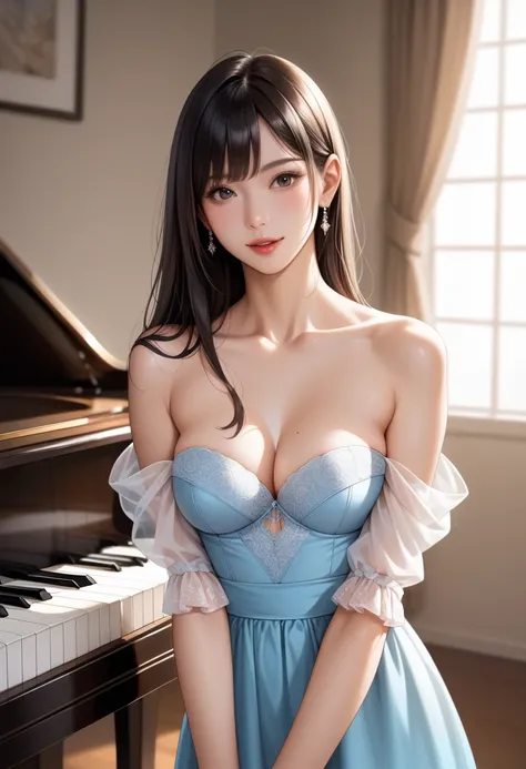 Score_9, Score_8_Up, Score_7_Up, 16k, Masterpiece, Exquisite, Very Detail, Very Detail, Exquisite Details, 16k, Genuine, Top Quality, Masterpiece, Ultra High Resolution, RAW Photo, Genuine, Beautiful Playing Piano in Off-Shoulder Dress Female, 18 years old...