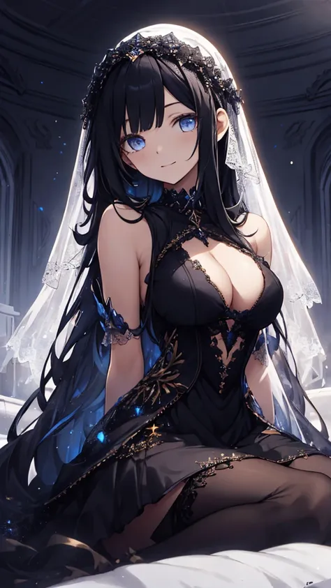    laugh while sitting , ((( Super Detail))), ((  masterpiece)), ((  's art  )),   sensual, Starry Saint ,  Black Embellished Dress,   curve , Head Veil,  long black hair:1.and,   white skin,   droopy eyes  ,  Starry Eyes Like a Night Sky ,   bust up,  for...