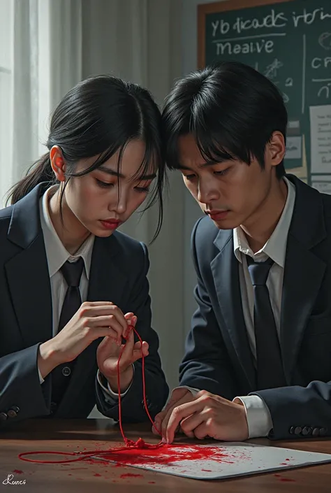 make a book cover for "unseen puppeteer" and there's a red string and blood and one male and one female students in the cover SEEM LIKE A THE R0OM WHERE THEY INVESTIGATE DON'T MAKE IT TOO ZOOMED THEIR FACE LIKE THE GIRL COULD BE HOLDING A MAGNIFYING GLASS ...